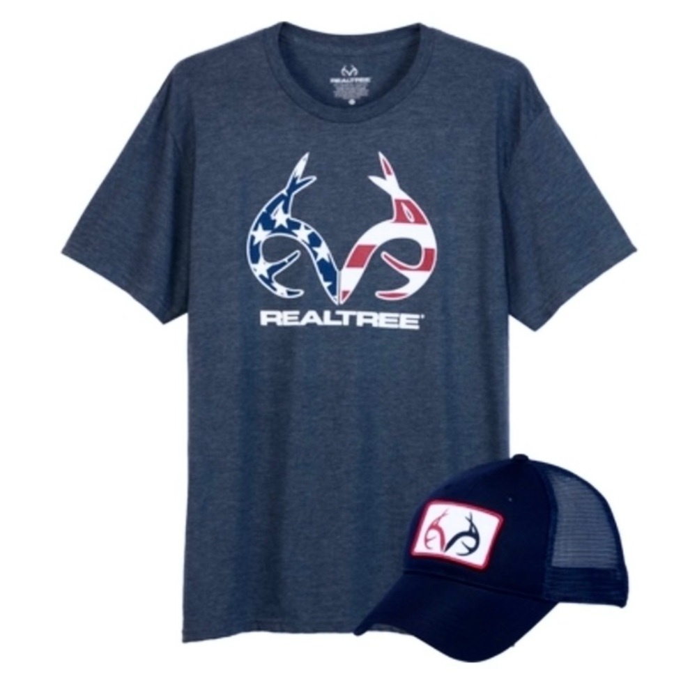 NEW Realtree Men’s Patriotic American Flag Tee and Matching Cap Stars & Stripes